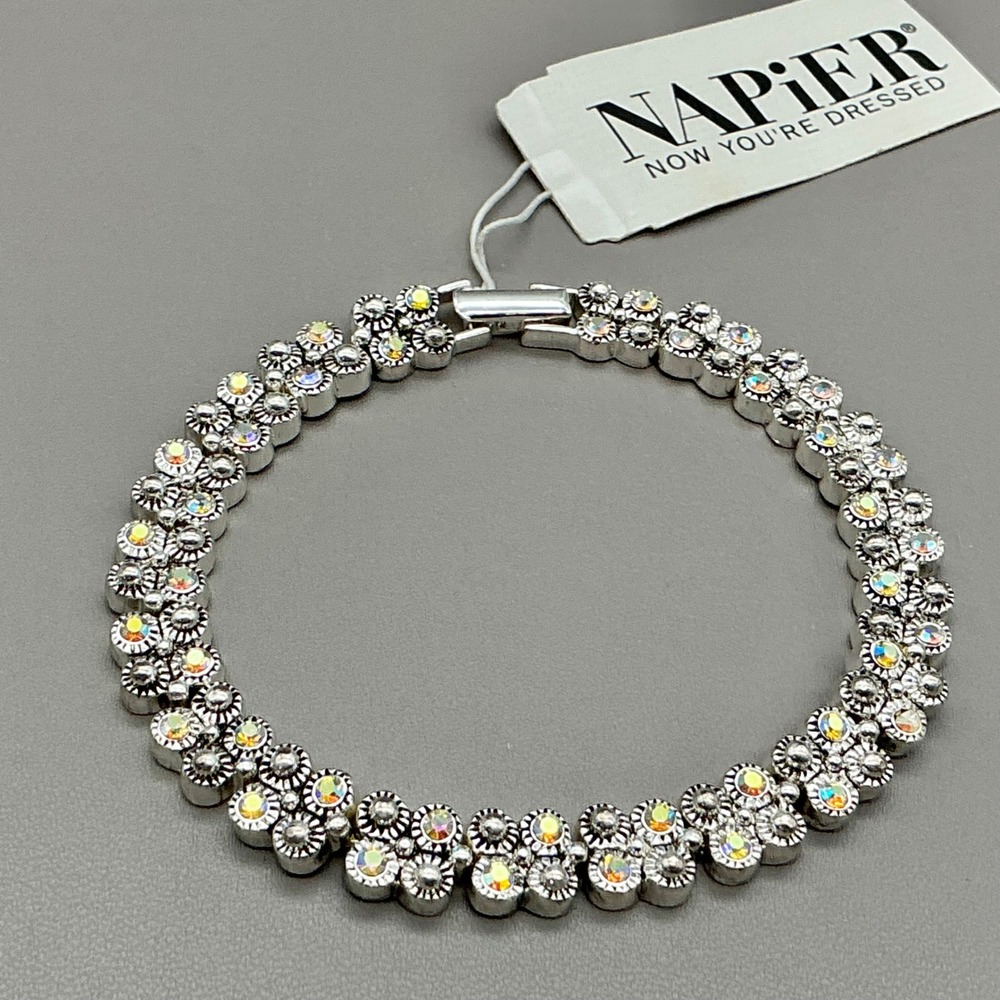 Napier Bracelet Womens Silver Tone Aurora Borealis Crystal Floral Link 7.5"